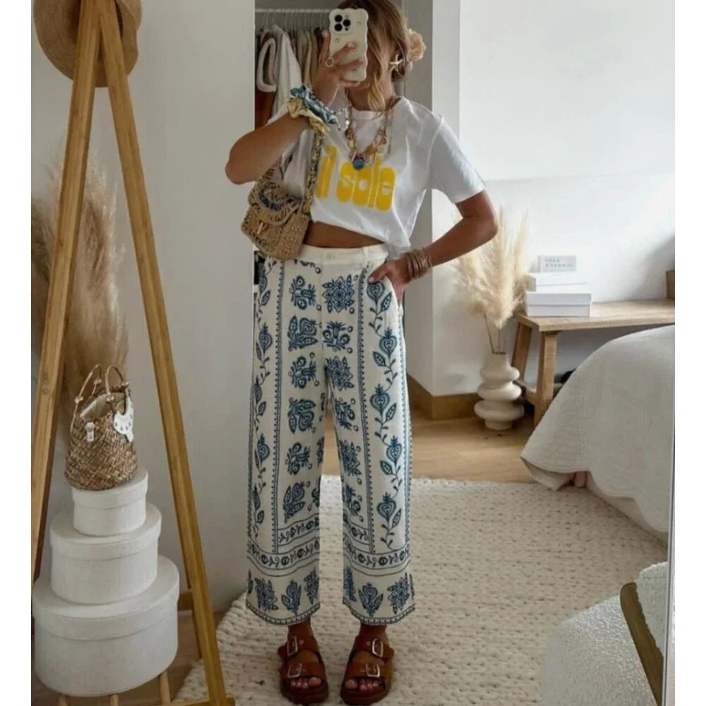 Zara NWT Embroidered Linen Blend Straight Leg Pants Ivory & Blue Pattern Size XS - Picture 1 of 9